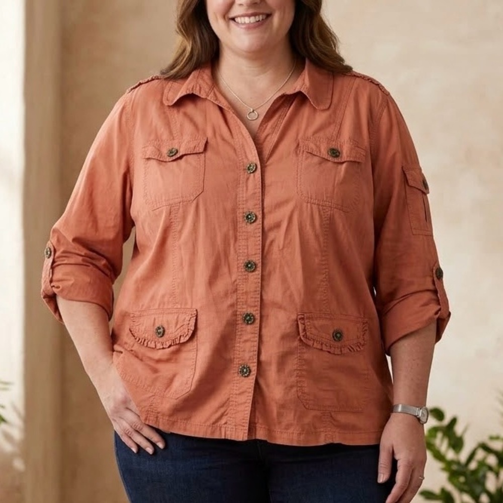Dressbarn Rust Utility Safari Shacket Top Shirt Terracotta Burnt Orange Boho